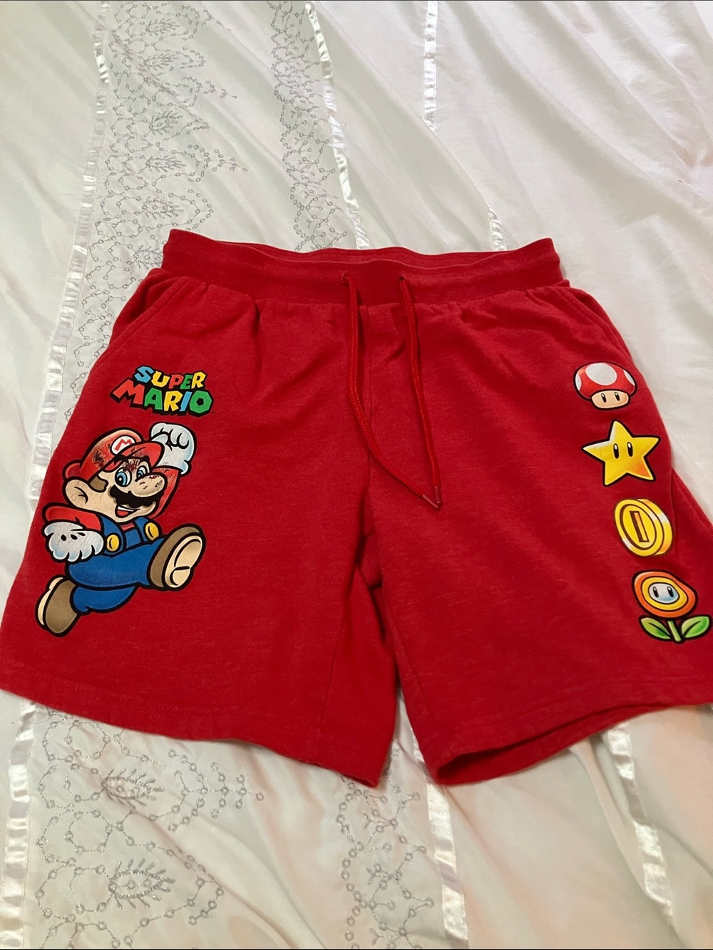 Red Graphic Athletic Shorts with Super Mario Motif